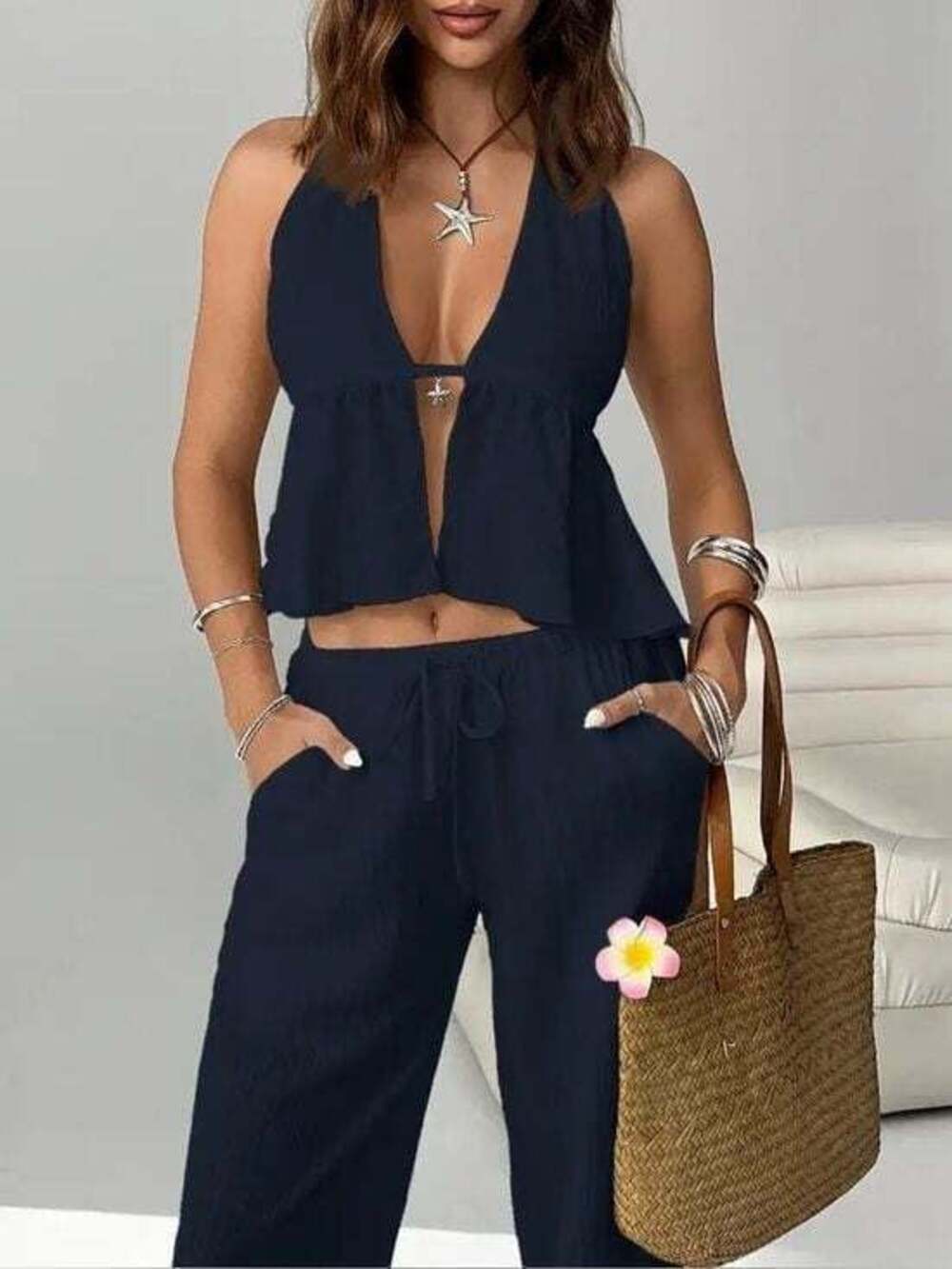 Navy Halter Wide-Leg Pants Set. Top & Bottom Matching Set Size Small